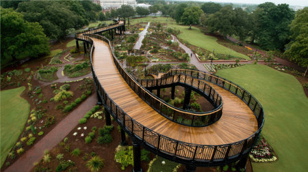Elevated garden walkway overlooking manicured lawns and structured flower bedsの素材