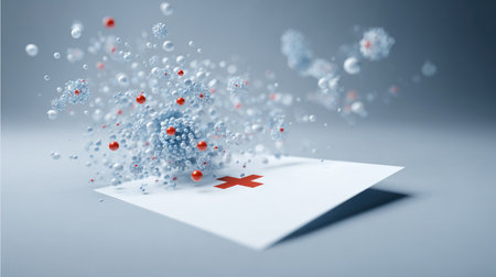 Blank flyer on desk with scattered medical infographics and cross symbol design elementsの素材