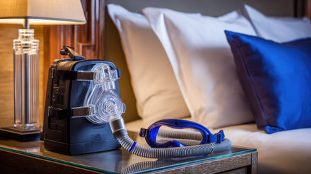 Clean CPAP machine with hose and full-face mask resting on bedside tableの素材