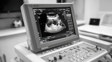 Close-up of ultrasound machine showing fetus scan in grayscale on screen with control panelの素材