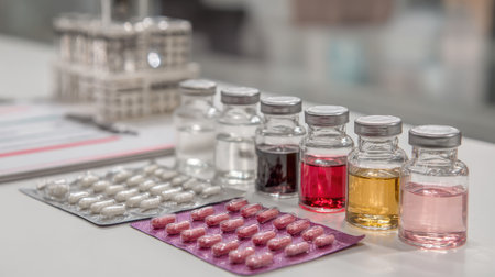 Close-up of medicine bottles and blister packs organized on a white surface in a clinical settingの素材