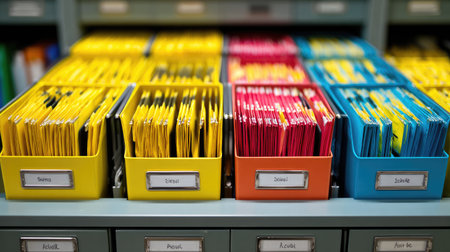 Clean medical records filing system in a clinic office, folders labeled and neatly storedの素材