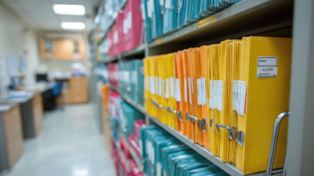 Clean medical records filing system in a clinic office, folders labeled and neatly storedの素材