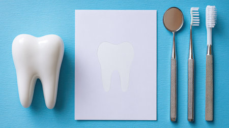 Dental check-up flyer layout next to floss, toothbrush, and mirror tools on blue surfaceの素材