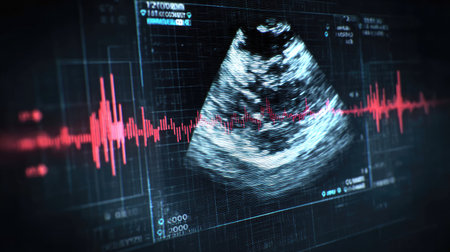 Digital fetal ultrasound image with biometric measurements displayed on screenの素材