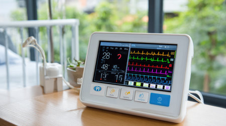 Health monitoring device displaying vitals on screen, placed on a hospital bedside tableの素材