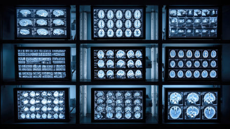 Human brain scan slices organized in rows on a high-resolution radiological displayの素材