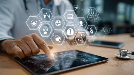 Flyer for telemedicine services with video call icon and digital tablet beside itの素材