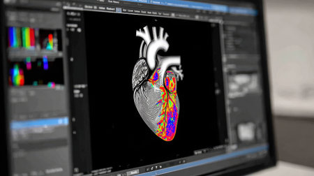 Detailed ultrasound image of a heart with Doppler color mapping on screenの素材