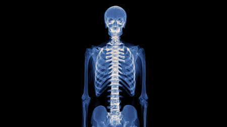 Human skeleton scanned and visualized in full-body X-ray image on digital panelの素材
