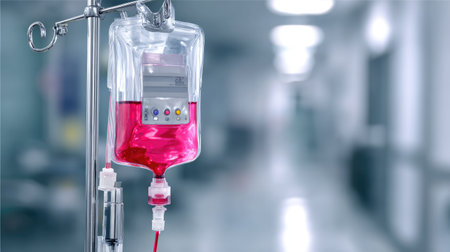Infusion bag hanging from IV pole with flow controller in a clinical settingの素材