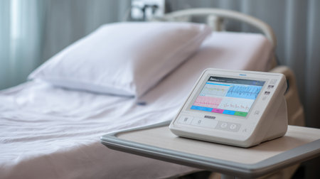 Modern medical monitoring equipment beside a hospital bed with clean, sterile sheetsの素材
