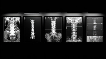 Multiple MRI cross-sections of spine on black screen in radiologist workstationの素材