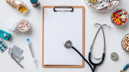 Medical flyer template on clipboard with stethoscope and syringe around, clean white backgroundの素材