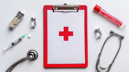 Medical flyer template on clipboard with stethoscope and syringe around, clean white backgroundの素材