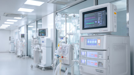 Modern hospital ventilator machine with tubes and screen in a clean ICU roomの素材