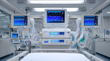 Modern hospital ventilator machine with tubes and screen in a clean ICU roomの素材