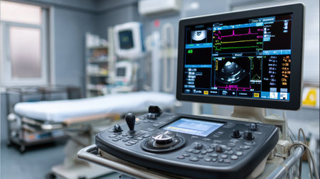 Ultrasound probe beside machine displaying real-time scanning data in a hospital roomの素材