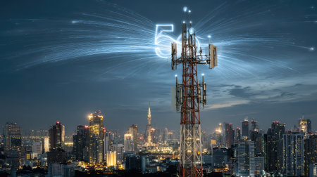 G network communication tower with light trails and digital signals radiating in skyの素材