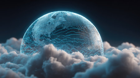 Digital globe with expanding wave lines and cloud computing iconsの素材