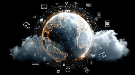 Abstract hologram globe surrounded by icons of modern technology such as AI, cloud, IoTの素材