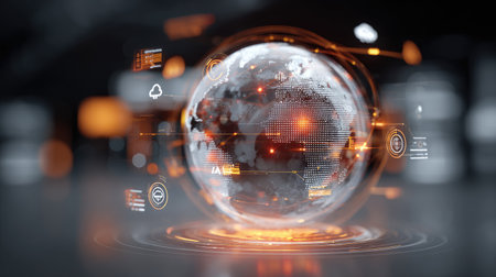 Abstract hologram globe surrounded by icons of modern technology such as AI, cloud, IoTの素材