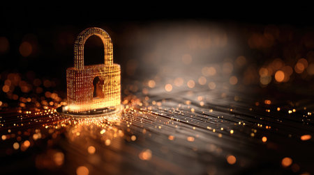 Abstract cyber security concept with digital padlock icon surrounded by binary code and glowing circuitsの素材