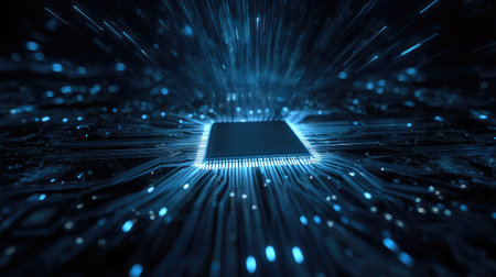 Artificial intelligence chip embedded in motherboard, blue glowing lines radiating outwardの素材