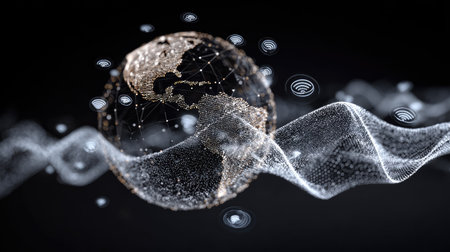 Digital globe with expanding wave lines and cloud computing iconsの素材