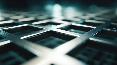 Abstract view of steel mesh grid forming a pattern, emphasizing structure, durability, and clean geometryの素材
