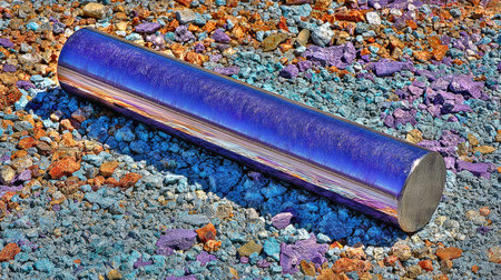 Chrome-coated steel cylinder with reflective finish on an abstract industrial backgroundの素材