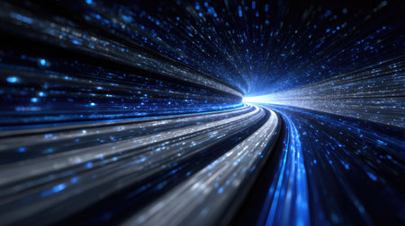Digital tunnel with fast-moving blue light streaks, creating a cyber data highway effectの素材