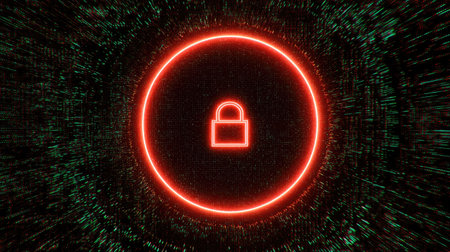 Cybersecurity theme with digital lock icon surrounded by moving code and neon borderの素材