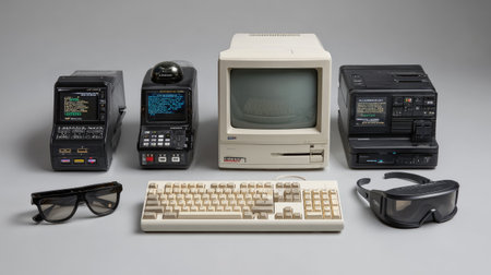 Augmented reality glasses beside s VR headsets highlighting visual tech evolutionの素材