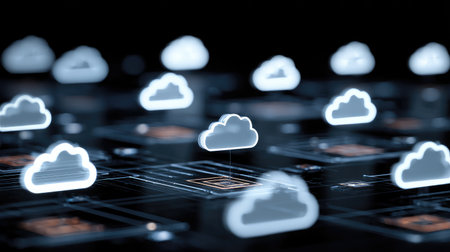 Cloud computing concept with floating data symbols, binary digits, and layered interface gridsの素材