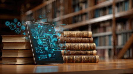 Digital book reader beside hardcover books highlighting tech evolution in publishingの素材