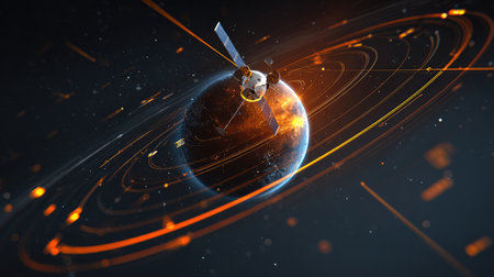 Concept of space technology innovation with satellite orbit paths and digital Earthの素材