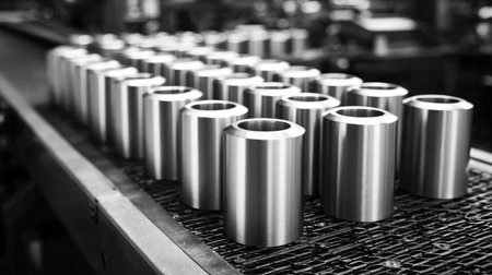 Cylindrical steel components placed neatly on a factory conveyor belt, ready for automated assemblyの素材