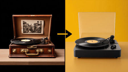 Evolution of audio listening gear from record player to wireless earbudsの素材
