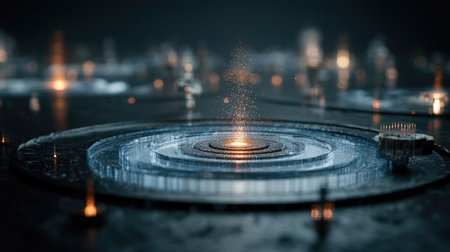 Conceptual hologram of quantum computing system, glowing particles in a futuristic spaceの素材