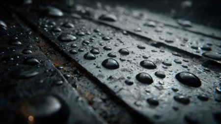 Raw steel plate surface with water droplets, captured in a macro shot with moody industrial lightingの素材