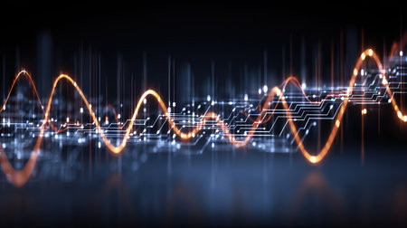 Futuristic interface with glowing circuits and AI data flows representing next-gen technology innovation, dark backgroundの素材