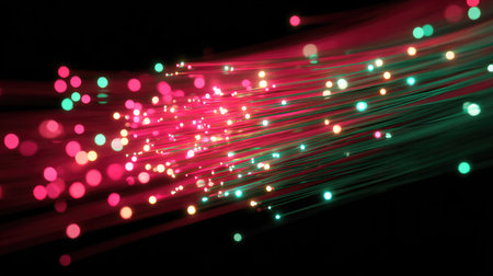 Glowing optical fiber cables transferring high-speed data, concept of ultra-fast internetの素材
