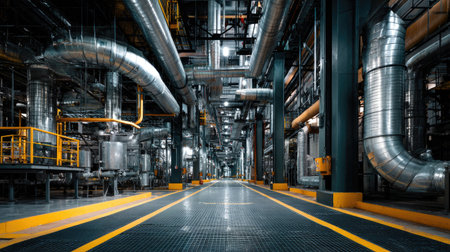 Metal factory interior with stainless steel equipment, pipes, and ducts in an organized layoutの素材