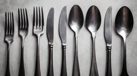 Steel cutlery laid out in a row on a neutral surface, showcasing minimalist design and sharp detailの素材
