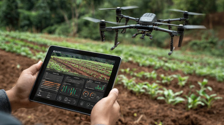Smart agriculture interface with drone control, crop analytics, and environmental data overlayの素材
