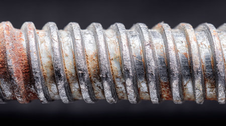 Steel screw threads photographed in macro with extreme detail and contrast, showing industrial finishの素材