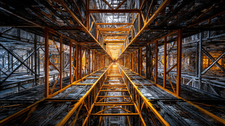 Steel scaffolding system viewed from inside, showing perspective lines and engineering complexityの素材