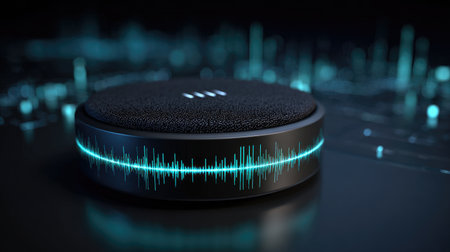 Wireless charging pad with glowing signal waves and futuristic tech backgroundの素材