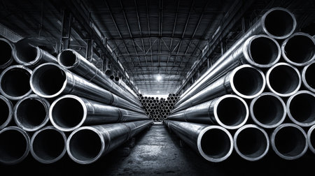 Steel pipes arranged in symmetrical rows inside a warehouse, showing precision engineering and metallic textureの素材